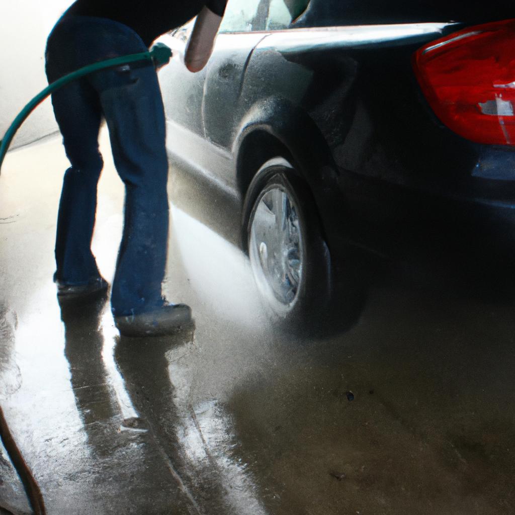 Person washing car underbody