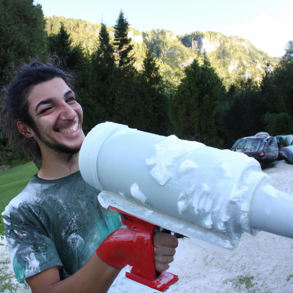 Person holding foam cannon, smiling