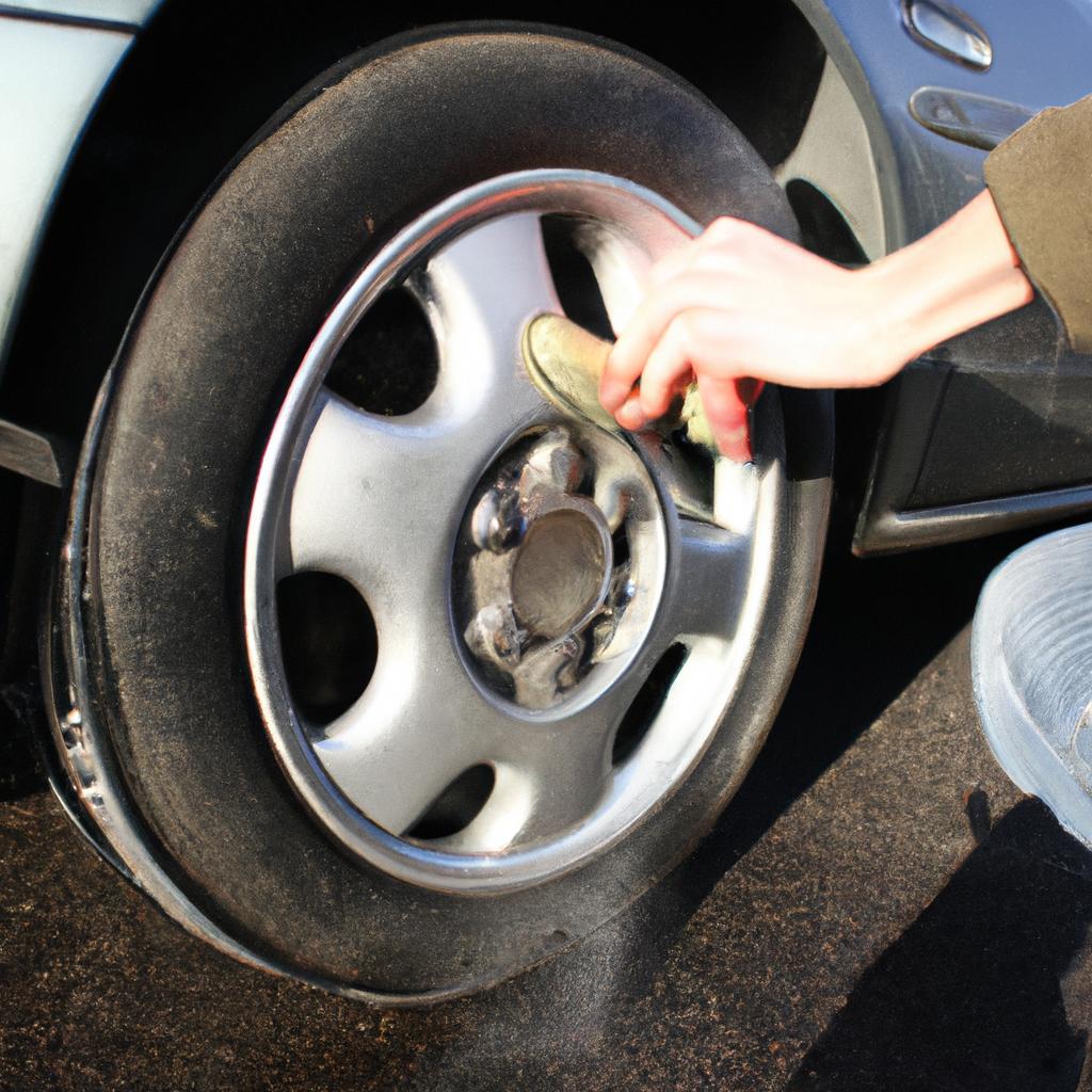 Person cleaning car wheel