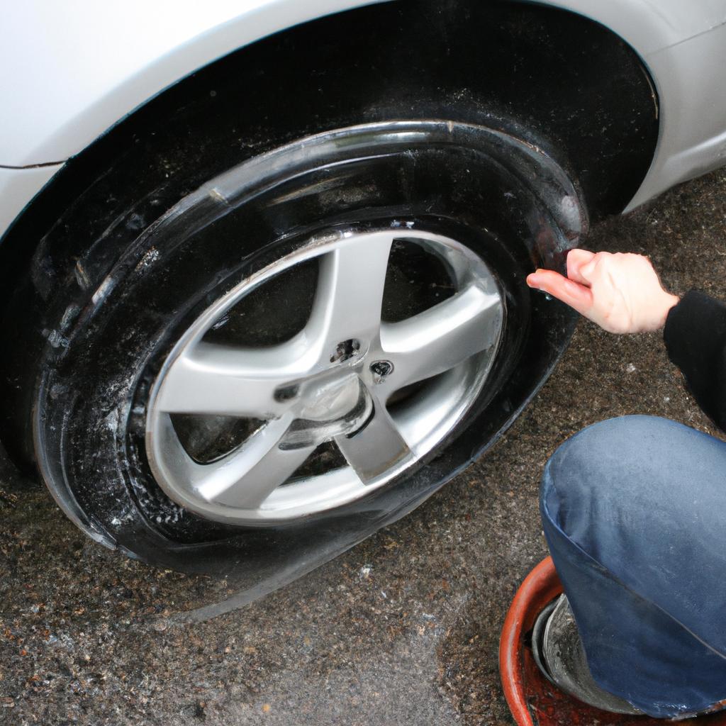 Person cleaning car wheel